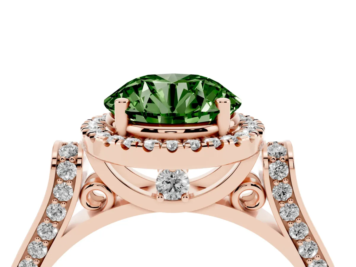Fancy Green Round Cut Halo Round Diamond Twist Band with Four-Prong Setting Rose gold