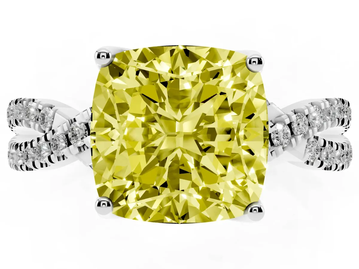 Fancy Yellow Cushion Cut Solitaire Twist Pave Diamond Engagement Ring with Prong Setting Silver