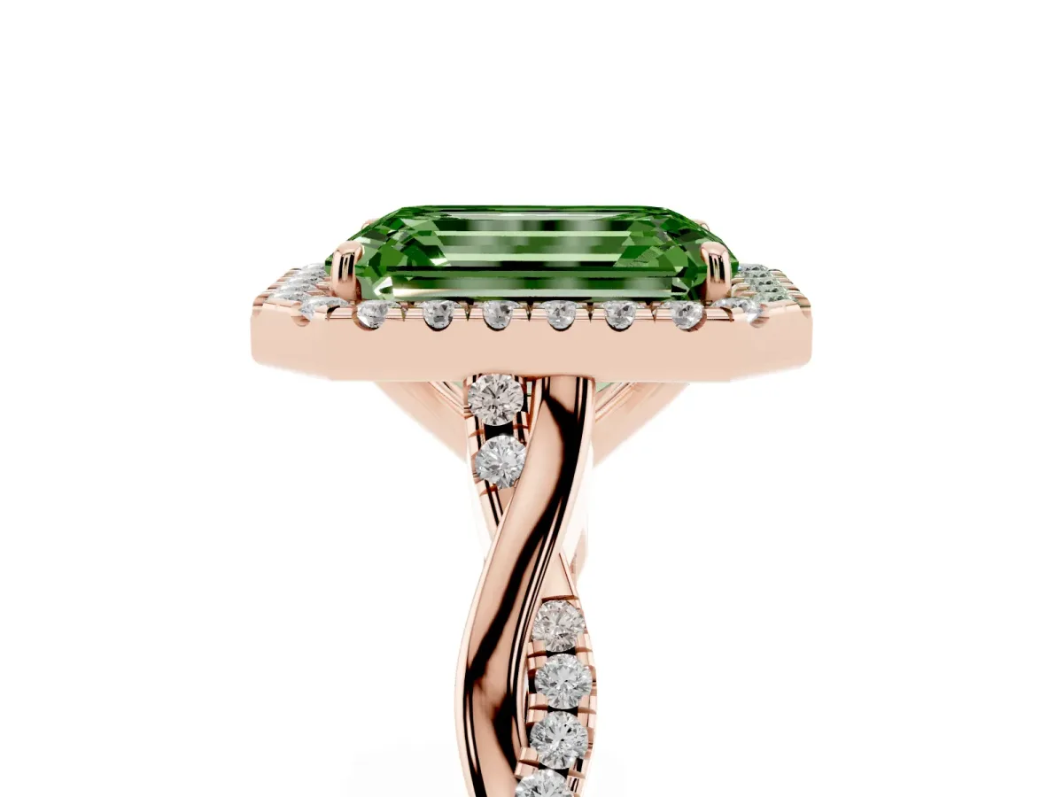 Fancy Green Emerald Cut Halo Twist Band Solitaire Ring Rose gold
