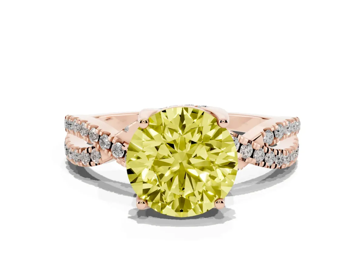 Fancy Yellow Round Cut Solitaire Twist Pave Diamond Engagement Ring with Prong Setting Rose gold