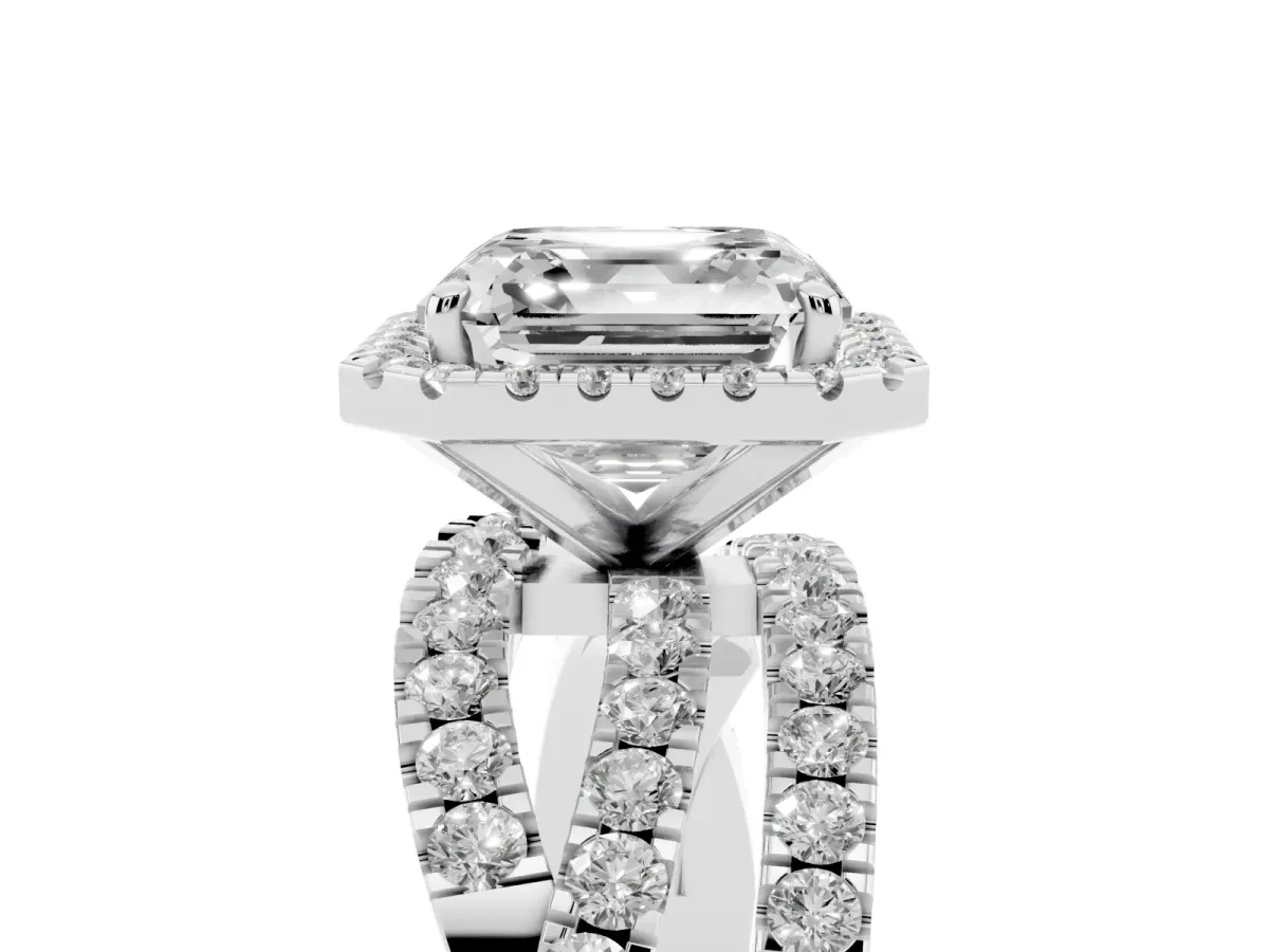 Asscher Cut Diamond Halo Ring with Round Split Shank and Prong Setting White gold