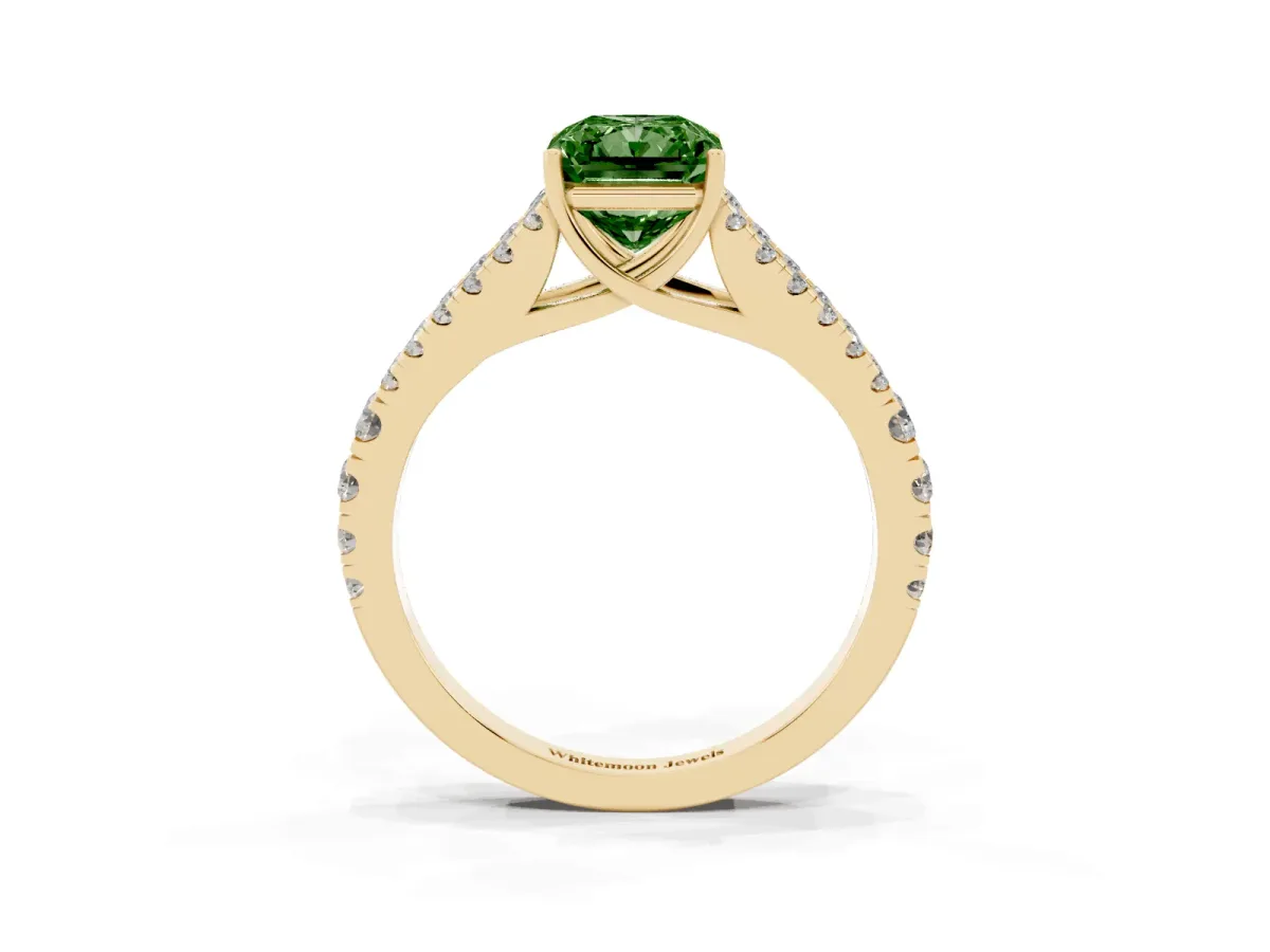 Fancy Green Radiant Cut Diamond Split Shank Engagement Ring with Round Pavé and Prong Setting Yellow gold