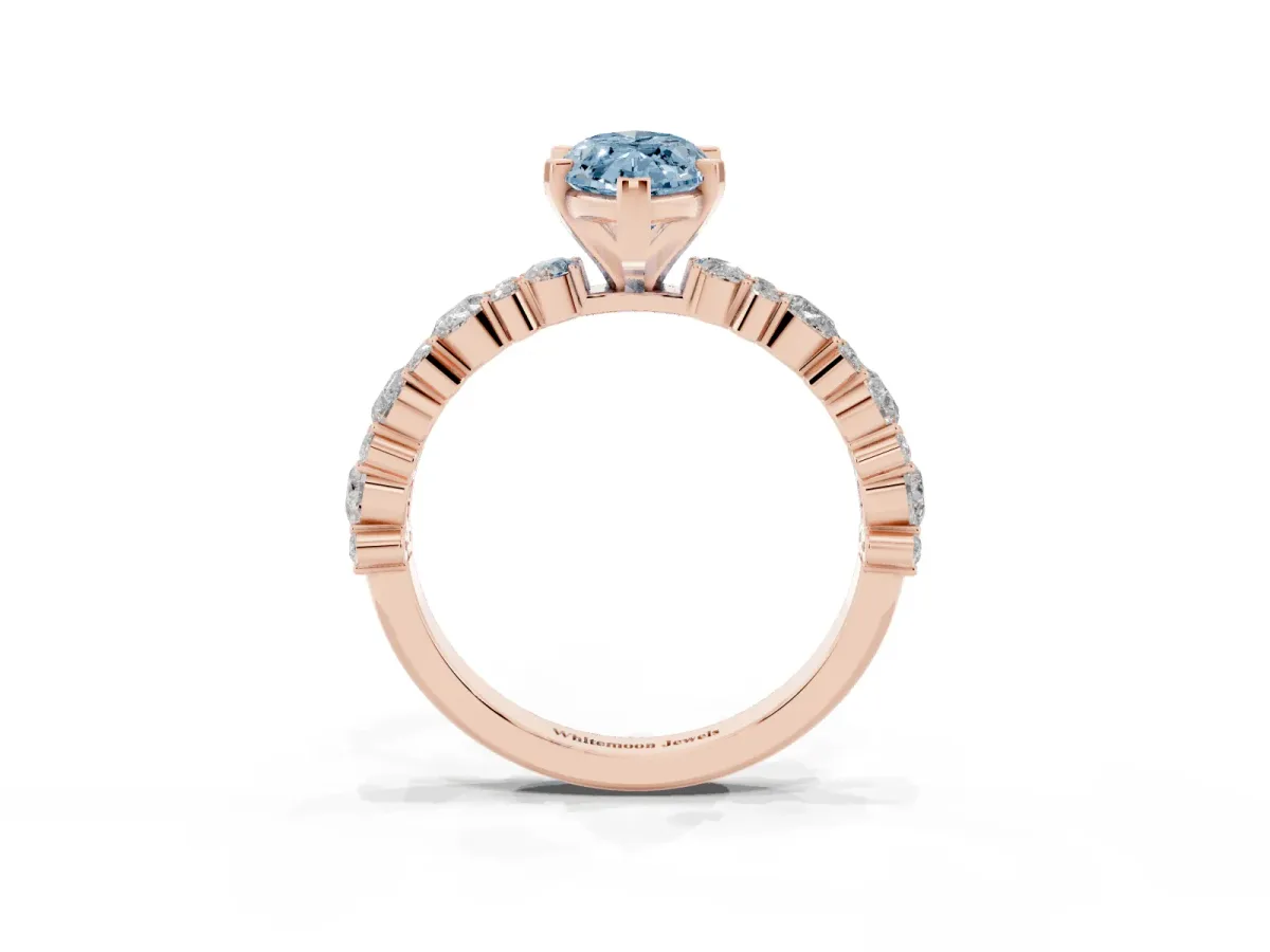Fancy Blue Marquise Cut Diamond Side Stone Solitaire Ring with Round and Four-Prong Setting Rose gold