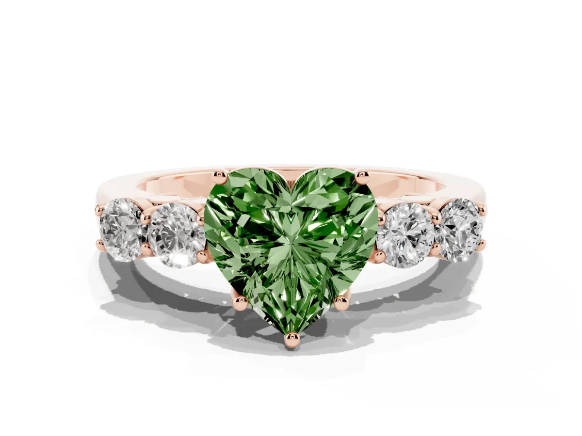 Fancy Green Heart Cut Cut Diamond Five-Stone Prong Set White Gold Ring Rose gold
