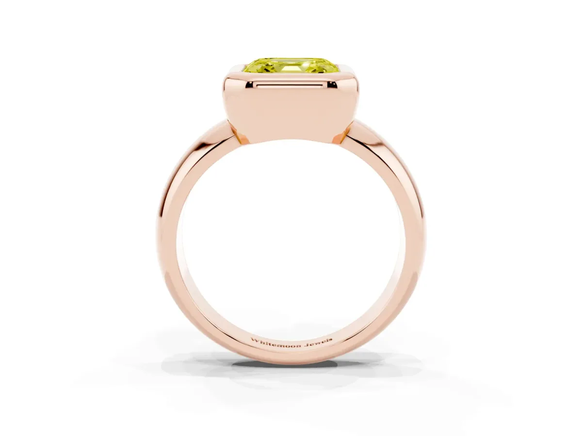 Fancy Yellow Bezel Set Asscher Cut Solitaire Ring with Wide Band Rose gold