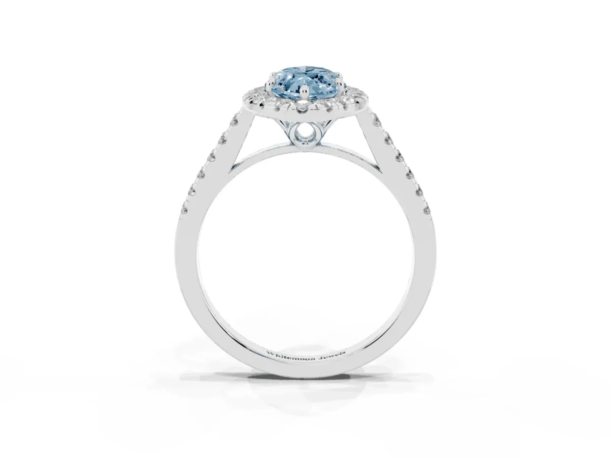 Fancy Blue Marquise Cut Halo Pavé Diamond Engagement Ring with Four-Prong Setting Platinum