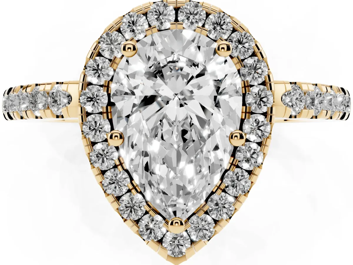 Pear Cut Halo Diamond Engagement Ring with Pavé Band and Four-Prong Setting Yellow gold