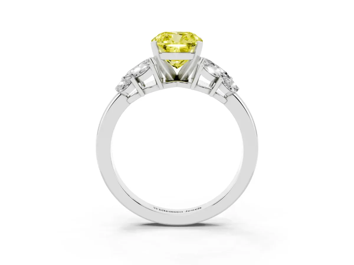 Fancy Yellow Cushion Cut Diamond Cluster Leaf Design Ring with Prong Setting Silver