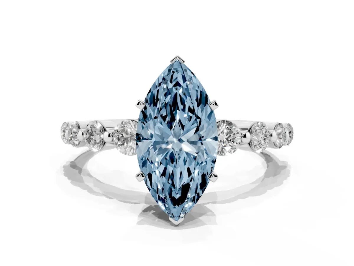 Fancy Blue Marquise Cut Solitaire Diamond Ring with Pave Band and Four-Prong Setting Silver
