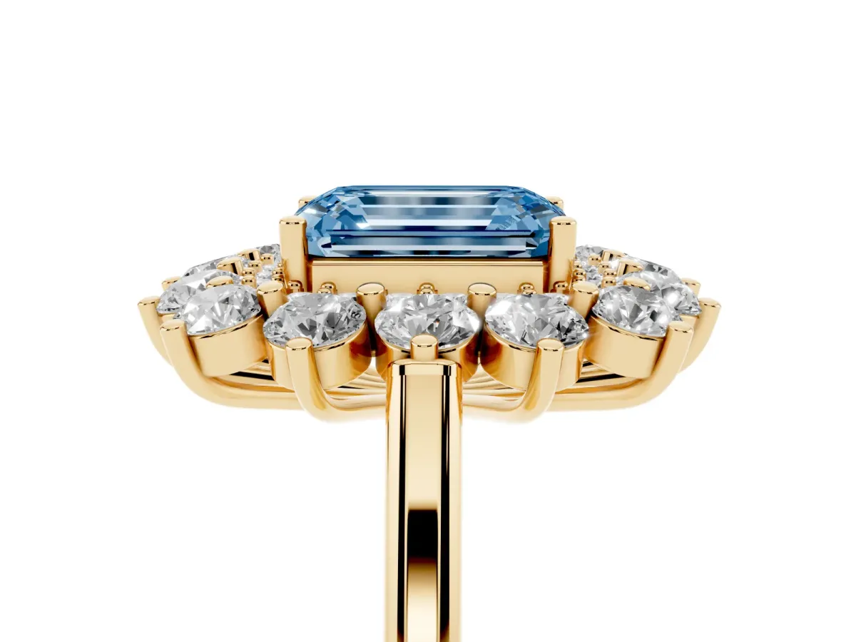 Fancy Blue Emerald Cut Diamond Floral Double Halo Engagement Ring with Prong Setting Yellow gold