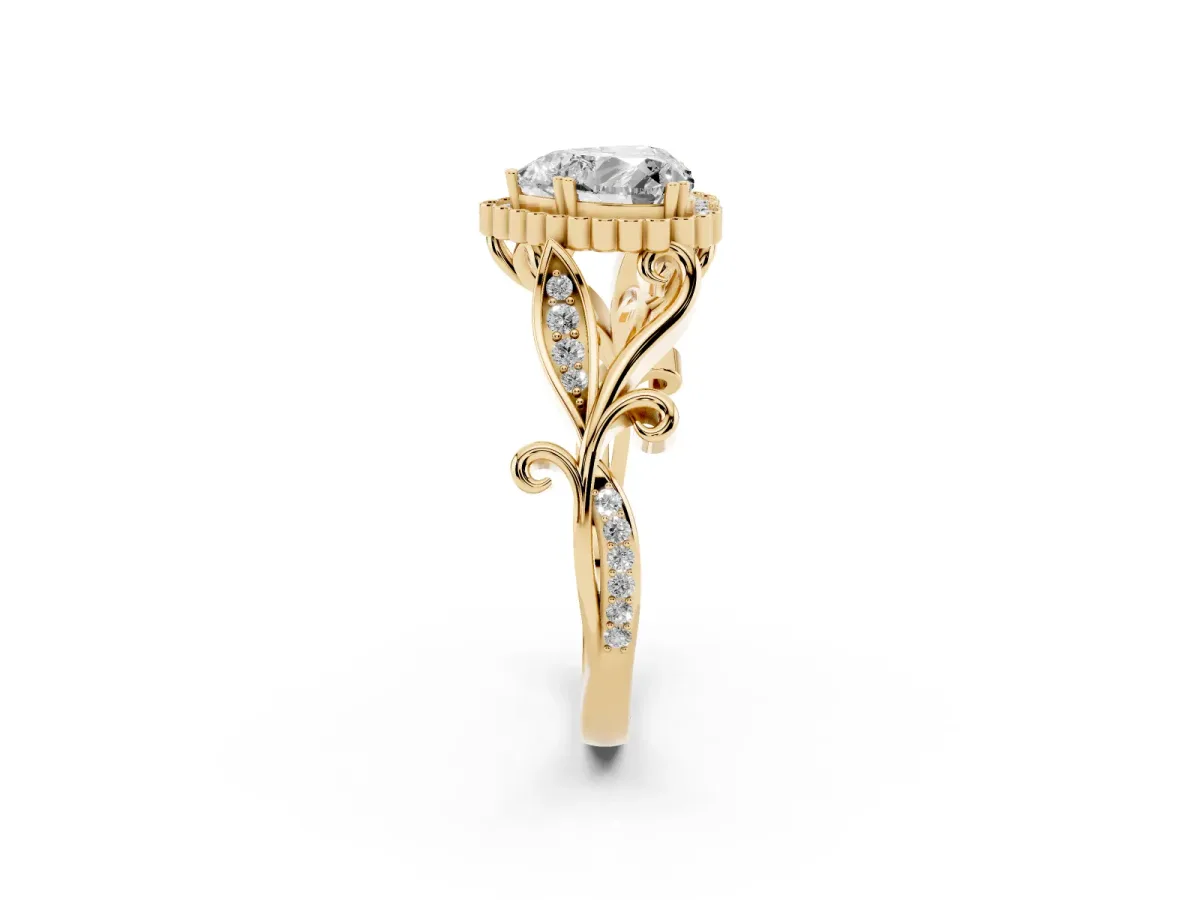Heart Cut Diamond Halo Ring with Vintage Split Shank and Four-Prong Setting Yellow gold