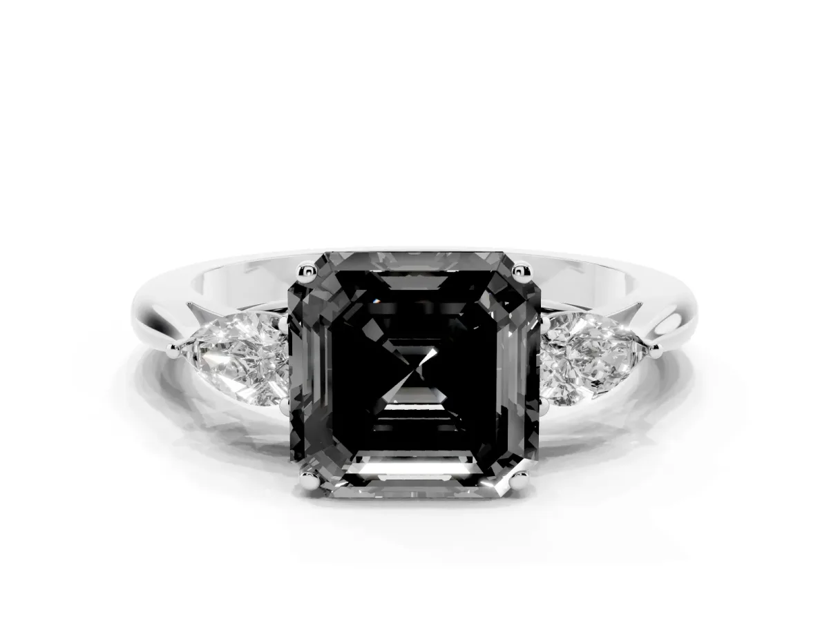Fancy Black Three-Stone Asscher Cut Brilliant Diamond Solitaire Ring with Tapered Band and Four-Prong Setting White gold