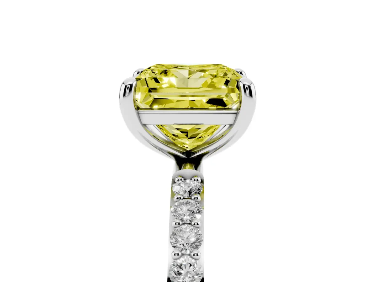 Fancy Yellow Princess Cut Diamond Solitaire Ring with Round Pavé Band and Prong Setting Silver
