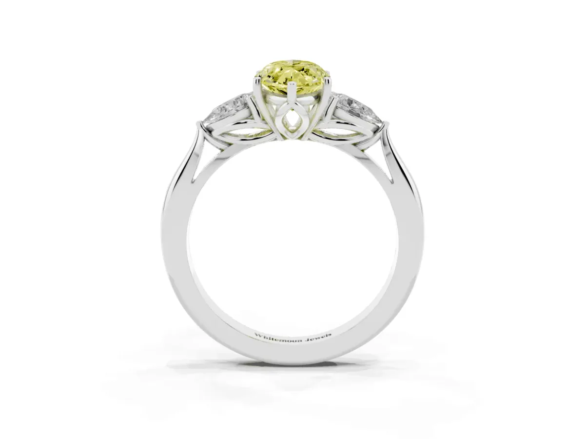 Fancy Yellow Marquise Cut Diamond Three-Stone Ring with Pear Side Stones and Prong Setting Silver