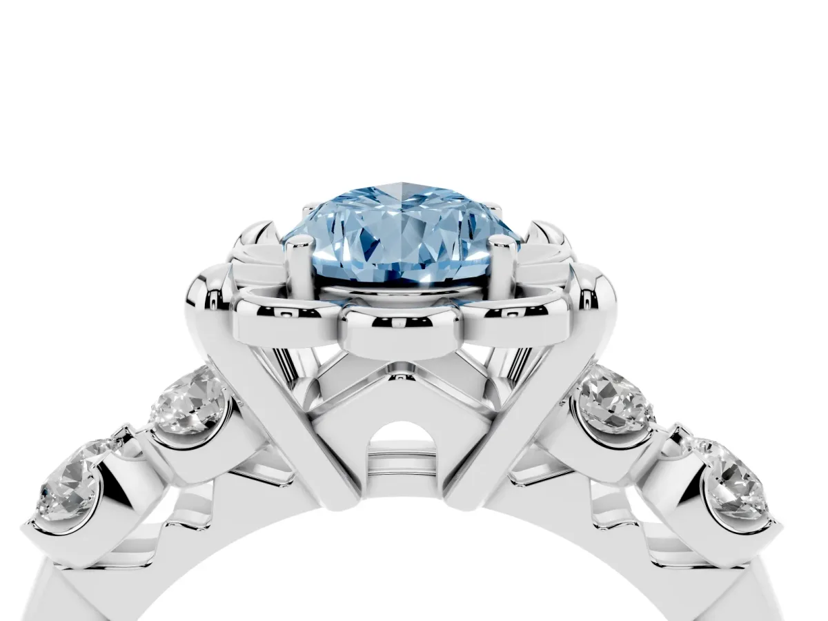 Fancy Blue Pear Cut Cut Diamond Floral Halo Engagement Ring with Shared Prong Setting Silver