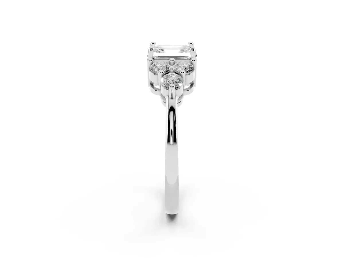 Asscher Cut Brilliant Diamond Cluster Accent Solitaire Ring with Prong Setting Platinum
