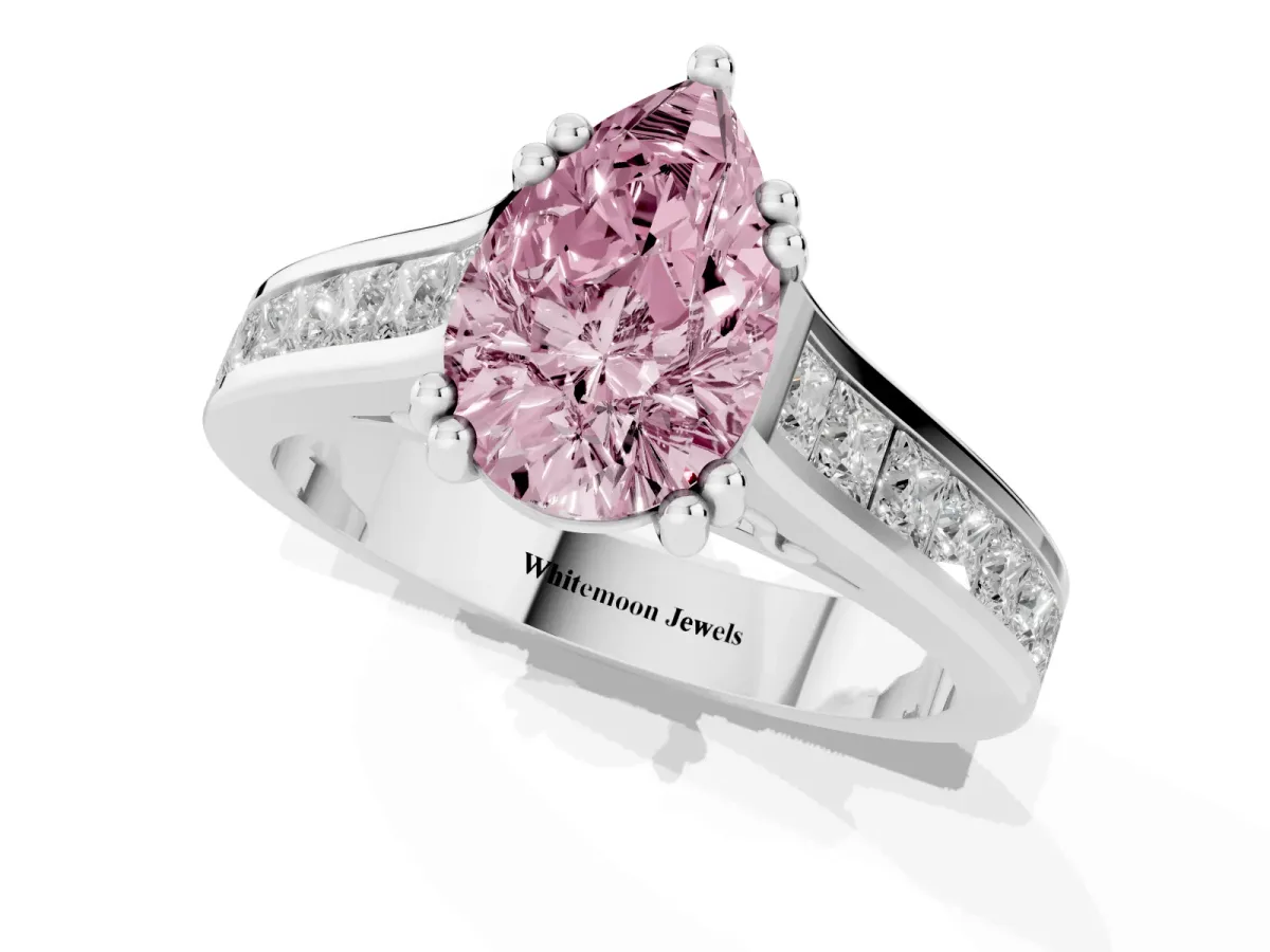Fancy Pink Pear Cut Cut Channel Set Solitaire Engagement Ring with Prong Setting Silver