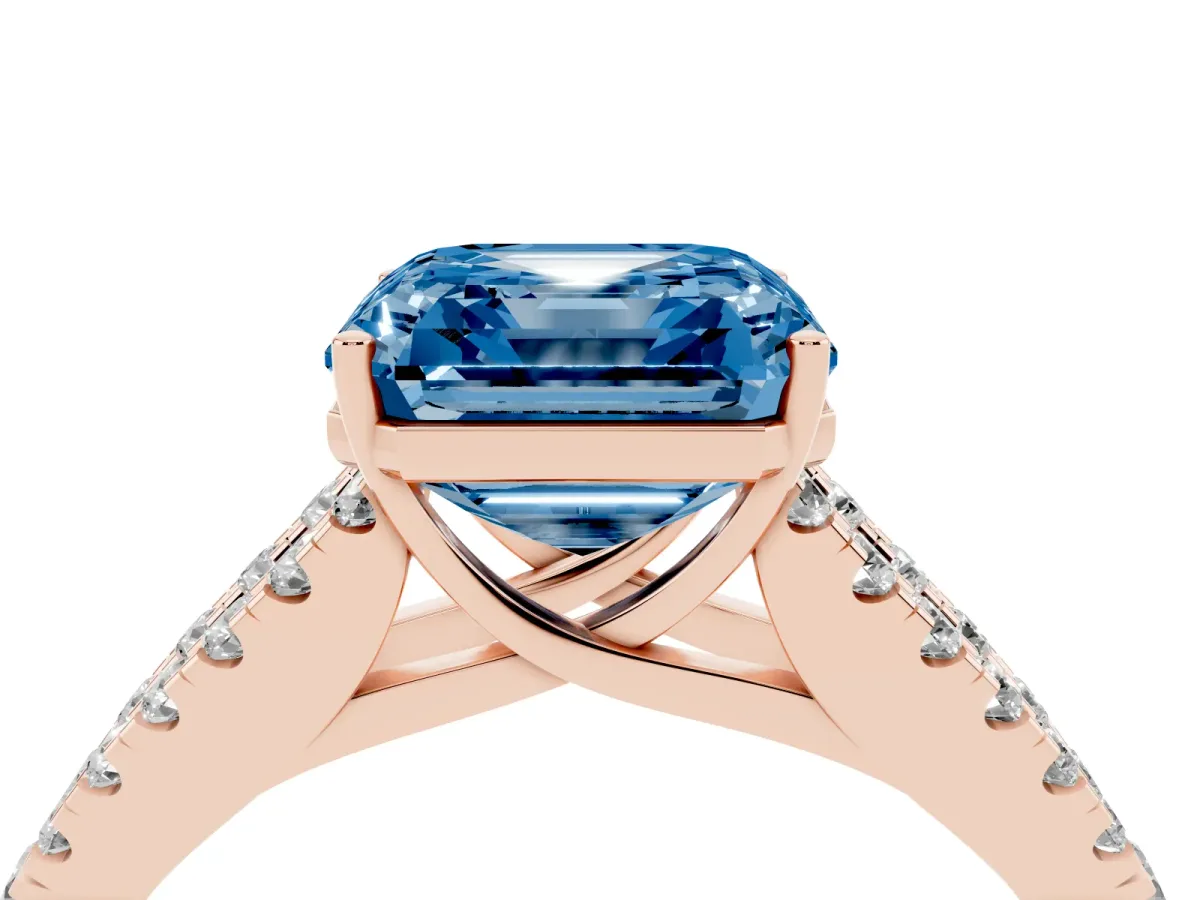 Fancy Blue Asscher Cut Diamond Split Shank Engagement Ring with Round Pavé and Prong Setting Rose gold