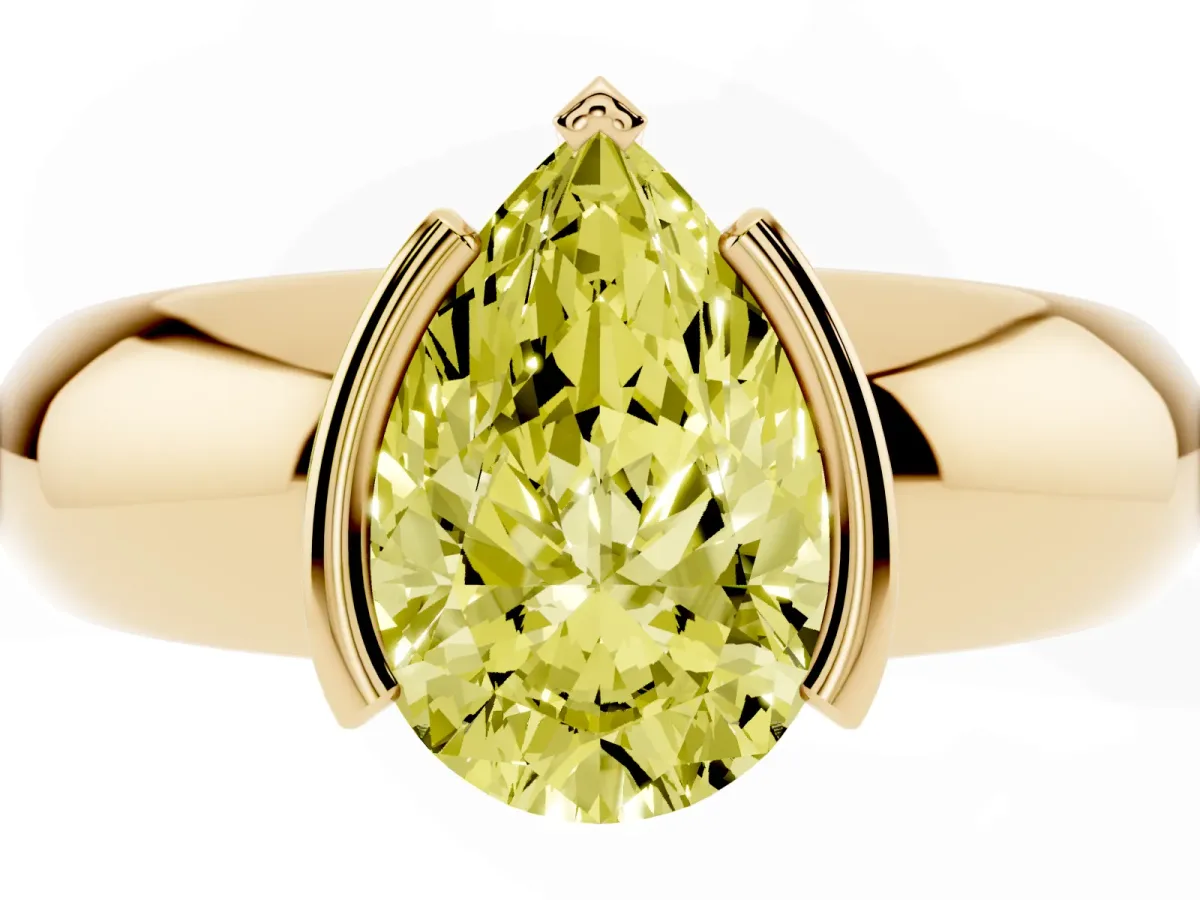 Fancy Yellow Pear Cut Solitaire Tension Set Diamond Ring with Wide Band Yellow gold