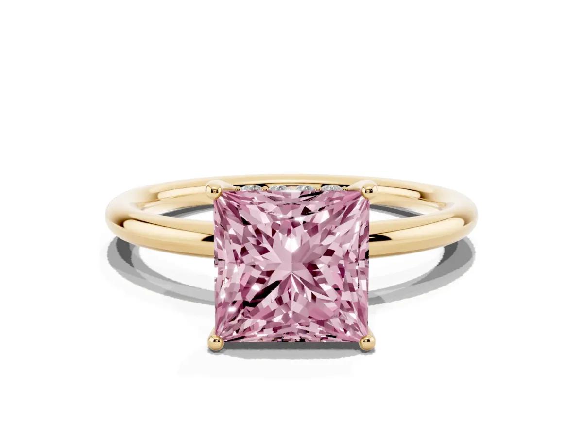 Fancy Pink Princess Cut Solitaire Diamond Ring with a Classic Band and Four-Prong Setting Yellow gold