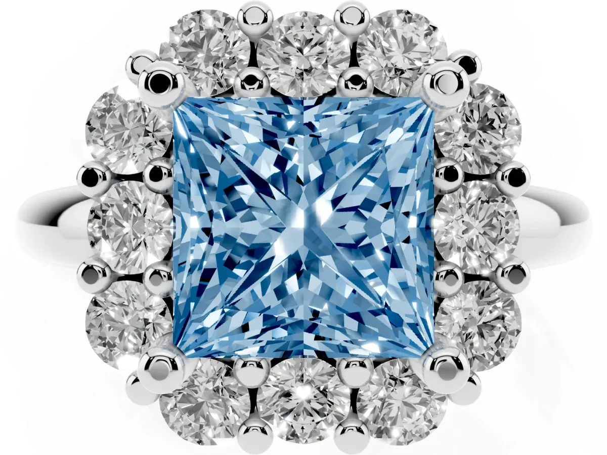 Fancy Blue Princess Cut Halo Cluster Diamond Engagement Ring with Prong Setting and Polished Band Platinum