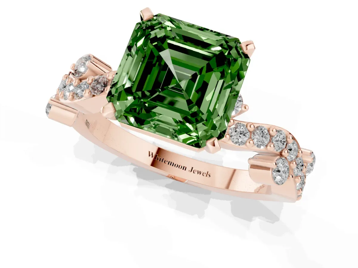 Fancy Green Asscher Cut Cut Solitaire Diamond Twisted Band with Pave Setting Rose gold