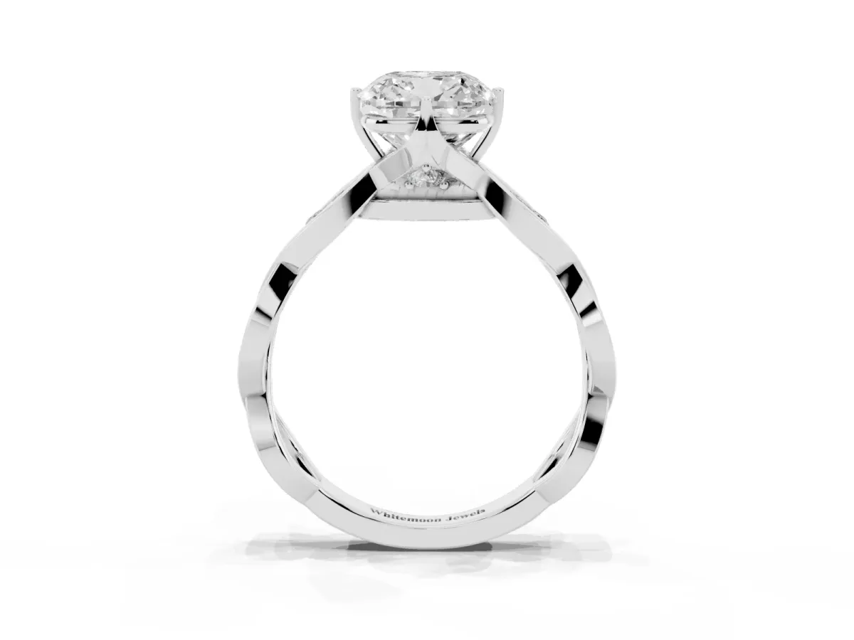Cushion Cut Solitaire Twist Band with Leaf Prong Setting White gold