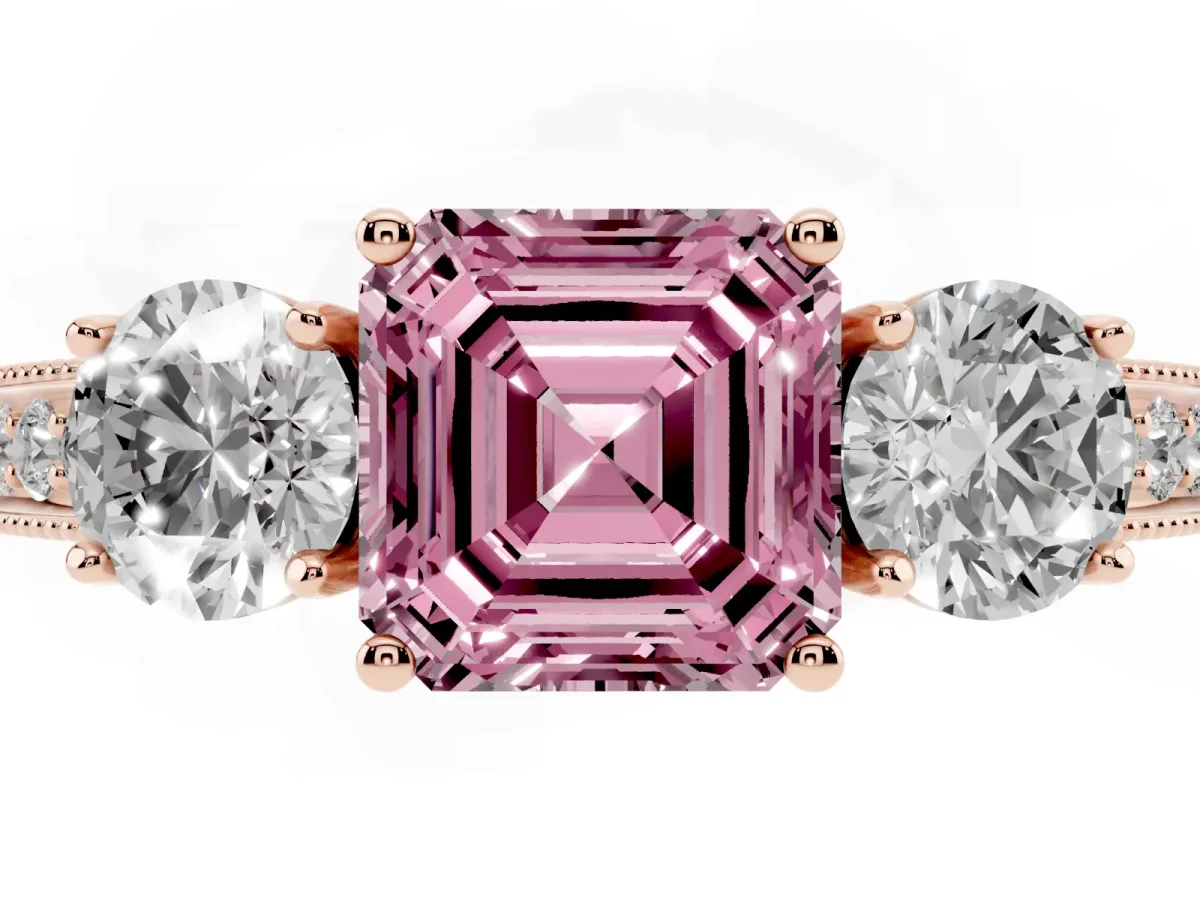 Fancy Pink Asscher Cut Three-Stone Diamond Ring with Pavé Band and Four-Prong Setting Rose gold