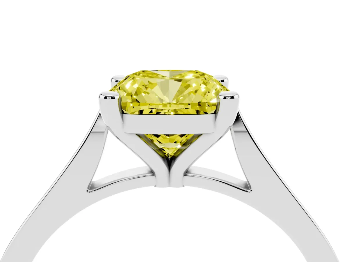 Fancy Yellow Cushion Cut Solitaire Diamond Ring with Four-Prong Setting and Tapered Band Silver