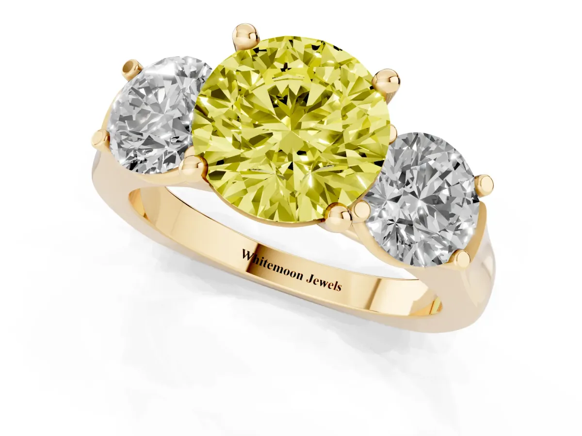 Fancy Yellow Three-Stone Round Cut Brilliant Diamond Trellis Ring with Comfort Fit Band Yellow gold