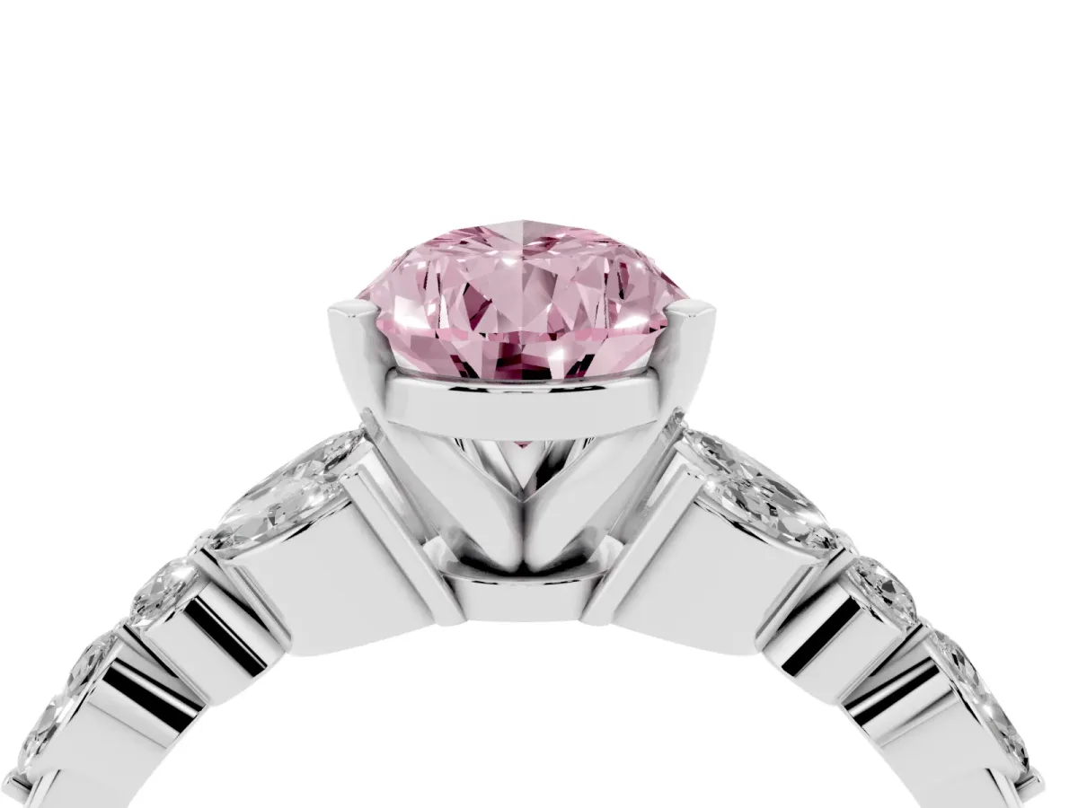 Fancy Pink Pear Cut Diamond Solitaire Ring with Side Stones and Four-Prong Setting Platinum