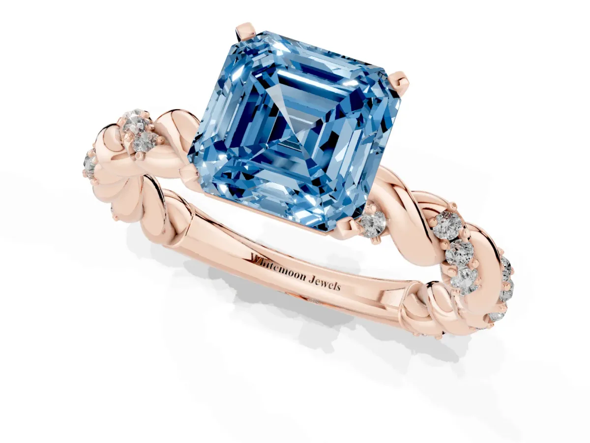 Fancy Blue Asscher Cut Diamond Solitaire Ring with Twisted Band and Pavé Accents Rose gold