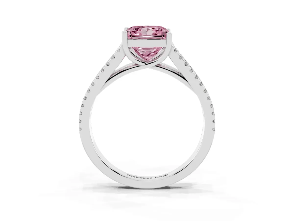 Fancy Pink Princess Cut Diamond Solitaire Engagement Ring with Split Shank Pavé Band Silver