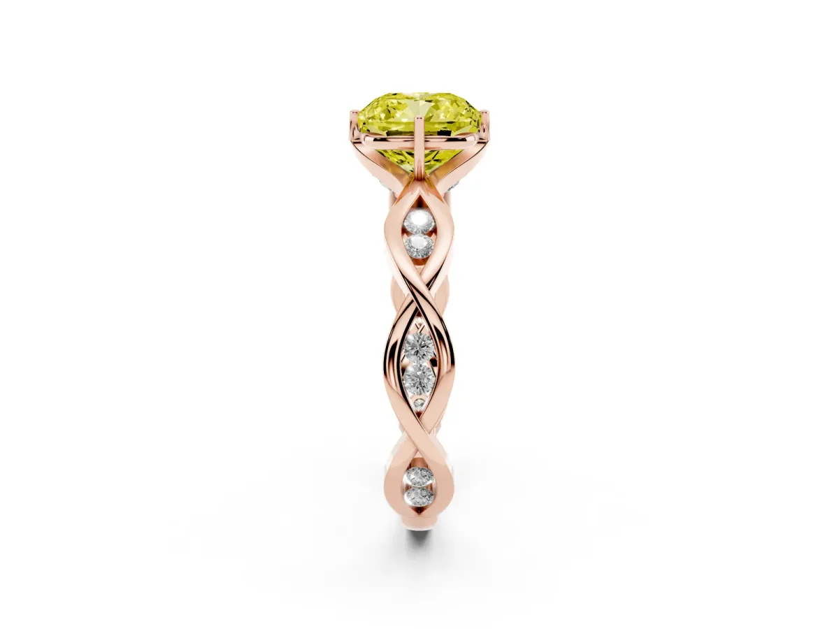 Fancy Yellow Cushion Cut Solitaire Twist Band with Leaf Prong Setting Rose gold