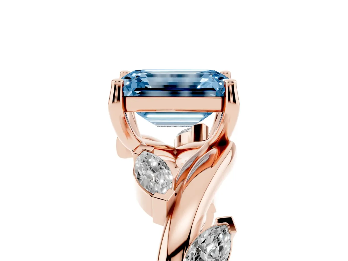 Fancy Blue Emerald Cut Solitaire Twisted Band Marquise Accent Prong Setting Ring Rose gold