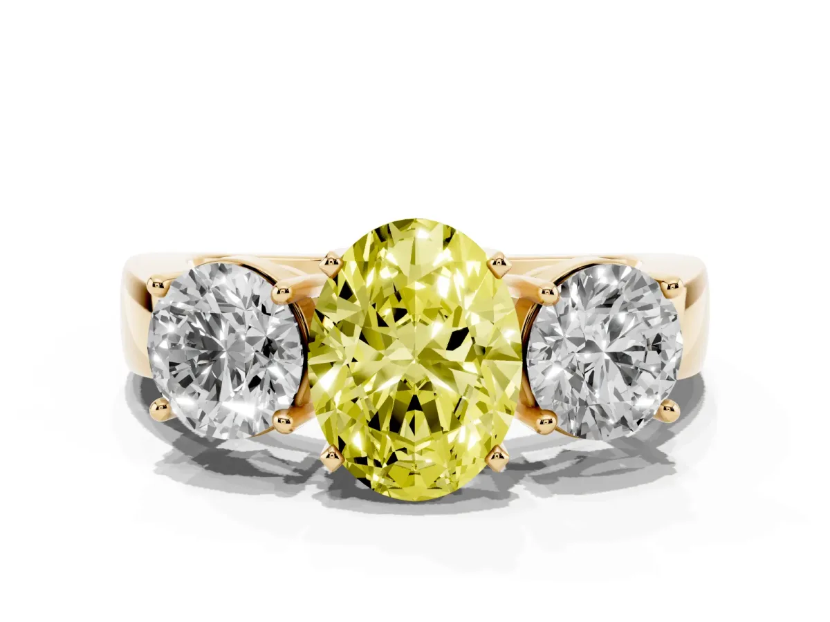 Fancy Yellow Three-Stone Oval Cut Diamond Ring with Round Side Stones, Classic Band, and Four-Prong Setting Yellow gold
