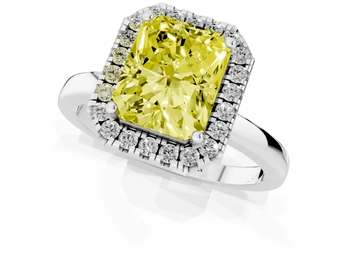 Fancy Yellow Radiant Cut Halo Diamond Solitaire with Pavé Band and Four-Prong Setting Platinum