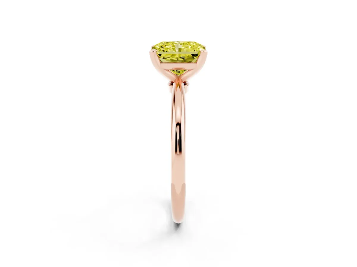 Fancy Yellow Radiant Cut Diamond Solitaire Ring with Prong Setting and Classic Band Rose gold