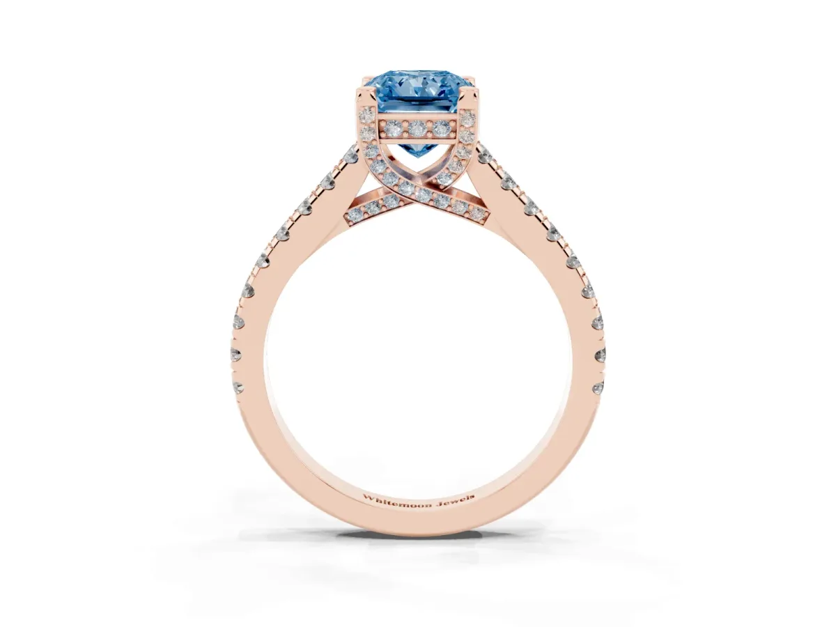 Fancy Blue Radiant Cut Brilliant Diamond Solitaire with Pavé Band and Four-Prong Setting Rose gold