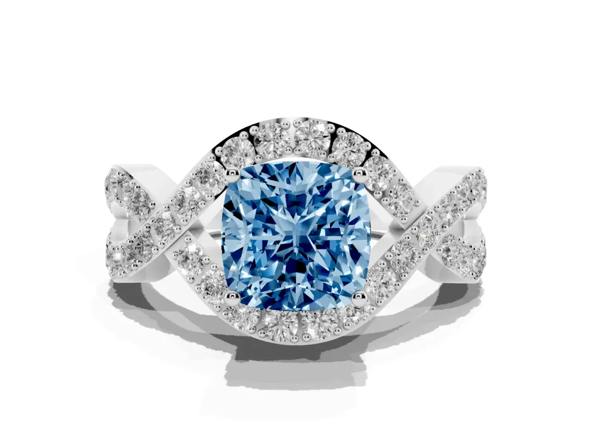 Fancy Blue Cushion Cut Solitaire Twist Band Pavé Diamond Engagement Ring White gold