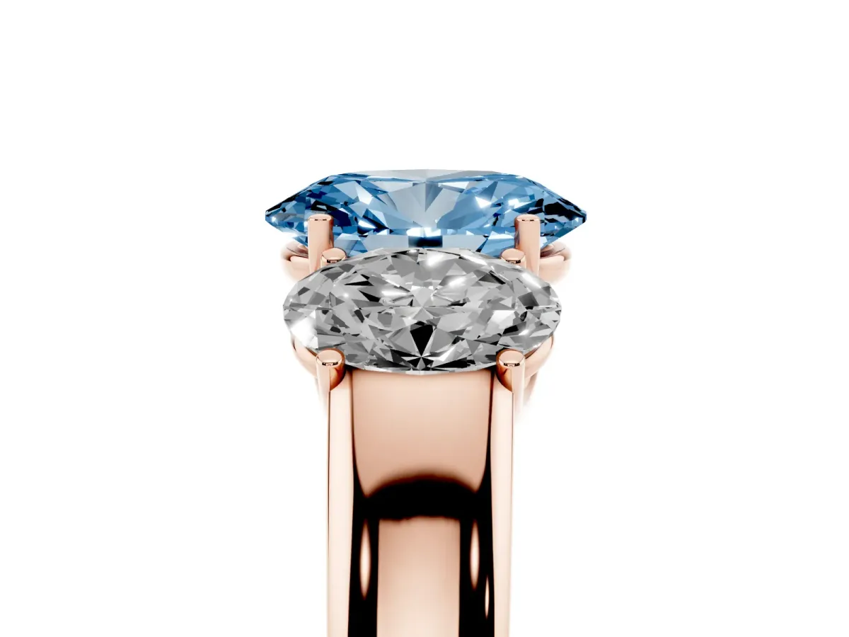 Fancy Blue Three-Stone Oval Cut Cut Diamond Ring with Prong Setting and Classic Band Rose gold