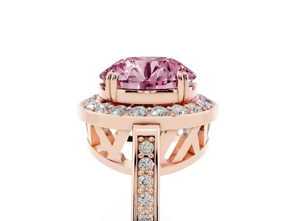 Fancy Pink Round Cut Diamond Halo Ring with Split Shank and Four-Prong Setting Rose gold