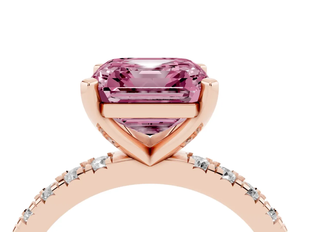 Fancy Pink Asscher Cut Diamond Pavé Band Solitaire with Four-Prong Setting Rose gold