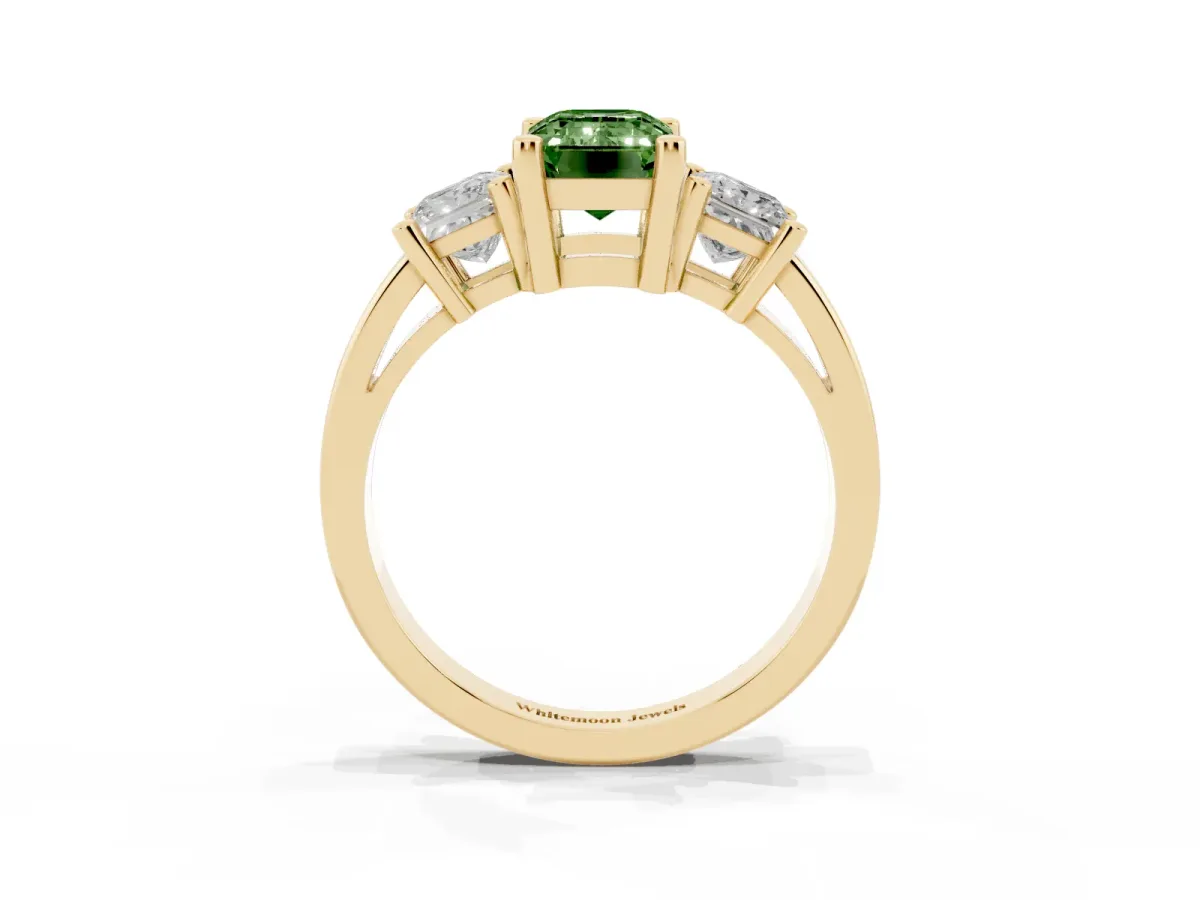 Fancy Green Three-Stone Emerald Cut Cut Solitaire Ring with Prong Setting Yellow gold