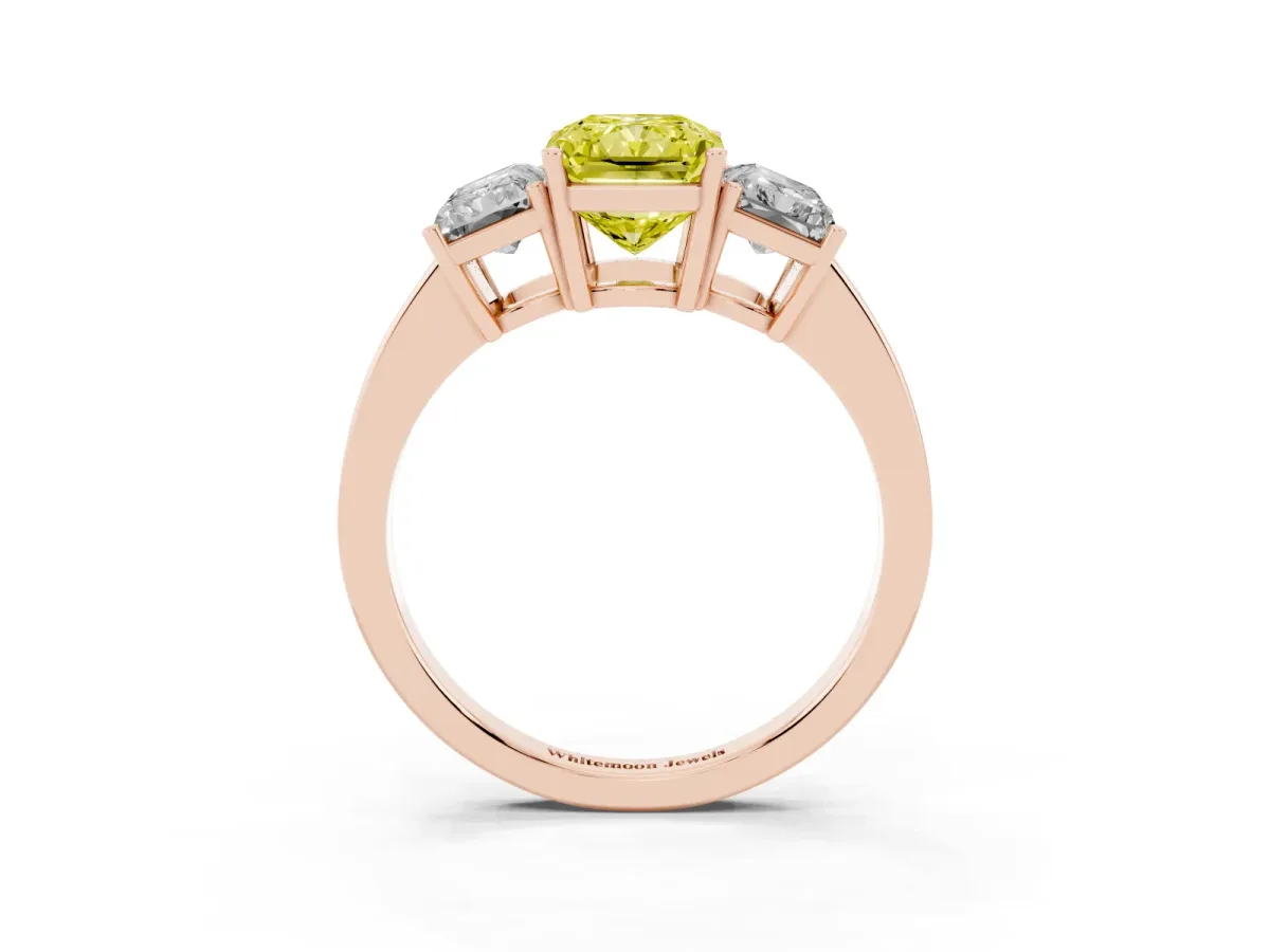 Fancy Yellow Three-Stone Radiant Cut Cut Diamond Engagement Ring with Flat Band and Four-Prong Setting Rose gold