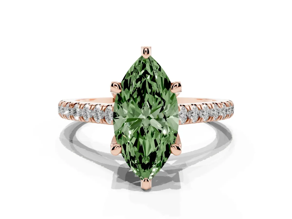 Fancy Green Marquise Cut Brilliant Diamond Solitaire with Pavé Band and Four-Prong Setting Rose gold