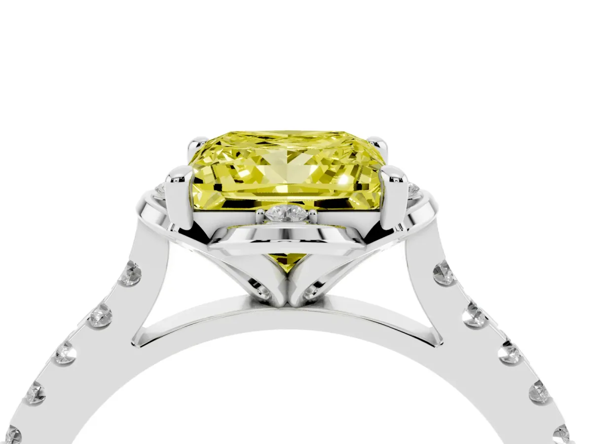 Fancy Yellow Princess Cut Diamond Ring with Pavé Band and Floral Prong Setting Silver