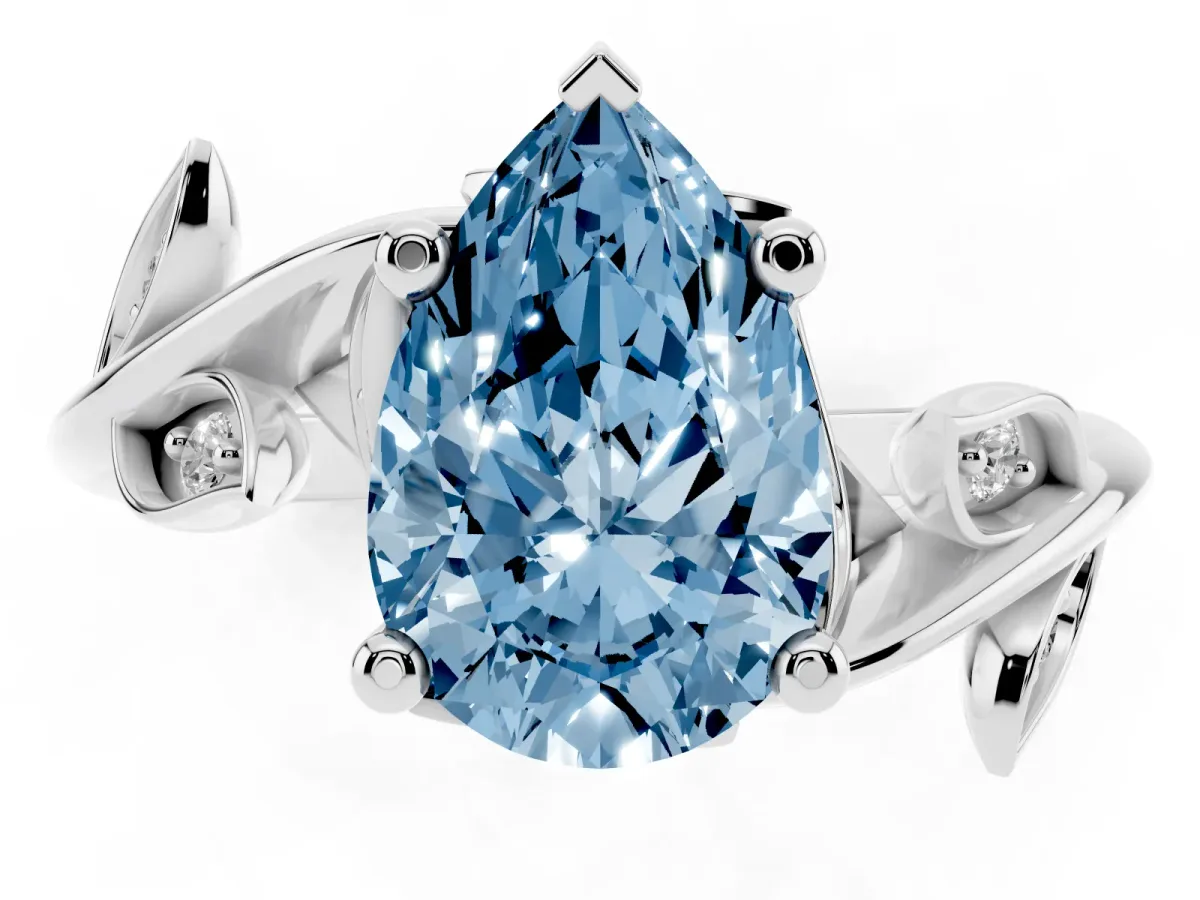Fancy Blue Pear Cut Solitaire Twist Engagement Ring with Leaf Accents and Prong Setting Silver