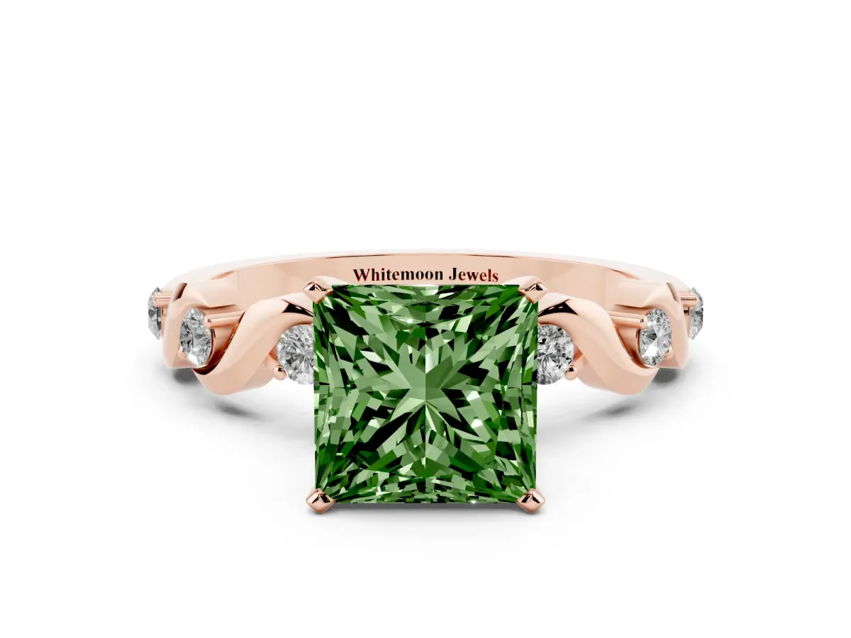 Fancy Green Princess Cut Diamond Solitaire Twisted Band with Round Accents and Prong Setting Rose gold