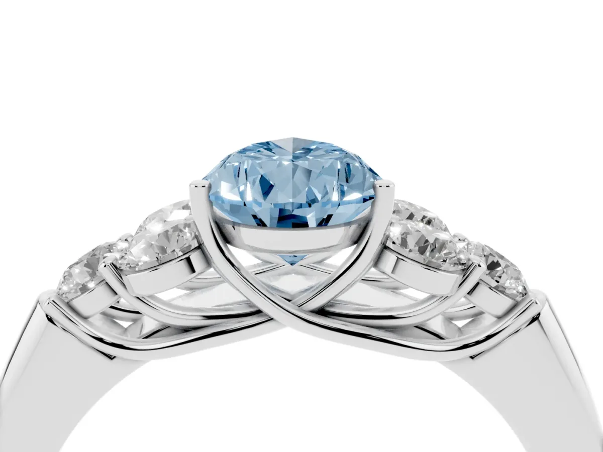 Fancy Blue Pear Cut Cut Diamond Cluster Ring with Round Accent Stones and Prong Setting on a Classic Band White gold